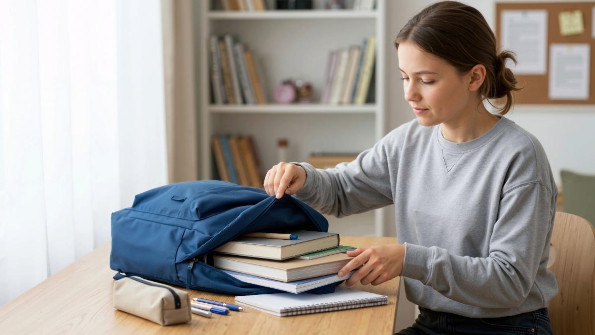 Studentessa inserisce i libri nello zaino
